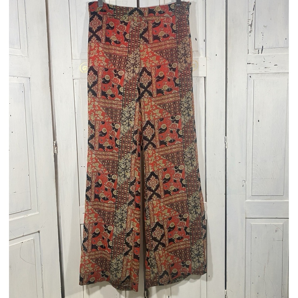 Fora Sheer Wide Leg Pants L Red Baroque Print Boho Festival w Built In Shorts - Picture 2 of 8